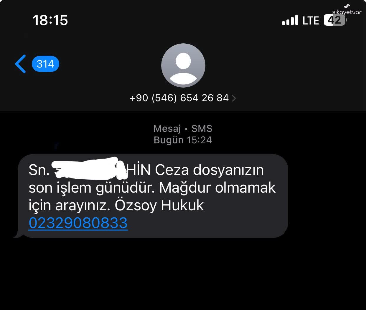 Özsoy Hukuk Bürosu sahte sms mesajı